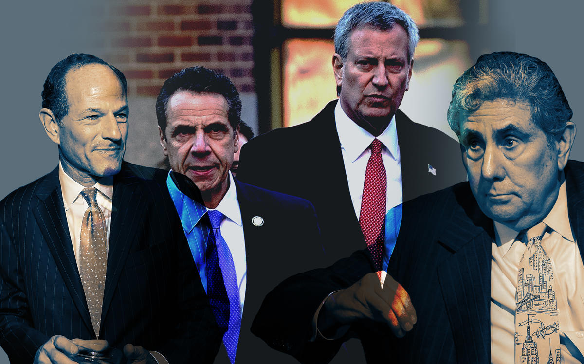 From left: Eliot Spitzer, Andrew Cuomo, Bill de Blasio, and Jeff Gural (Credit: Getty Images)