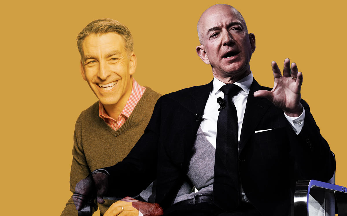 Redfin CEO Glenn Kelman overlaid on Jeff Bezos (Credit: Getty Images and Redfin)