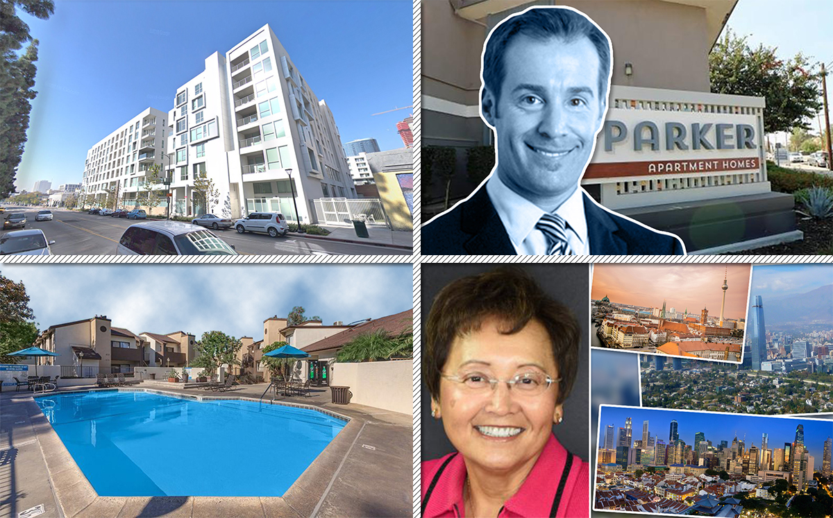 From top left, clockwise: 1231 South Hill Street, Benedict CEO Ryan Somers and 4608–4640 Arden Way, marketed as “The Parker”, LACERA CEO Lou Lazatin, and The pool at the Landing at Long Beach (Credit: Google Maps and Wikipedia)