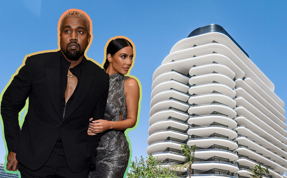 Kim and Kanye West walking away from Faena House at 3315 Collins Avenue (Credit: Getty Images and Highrises)