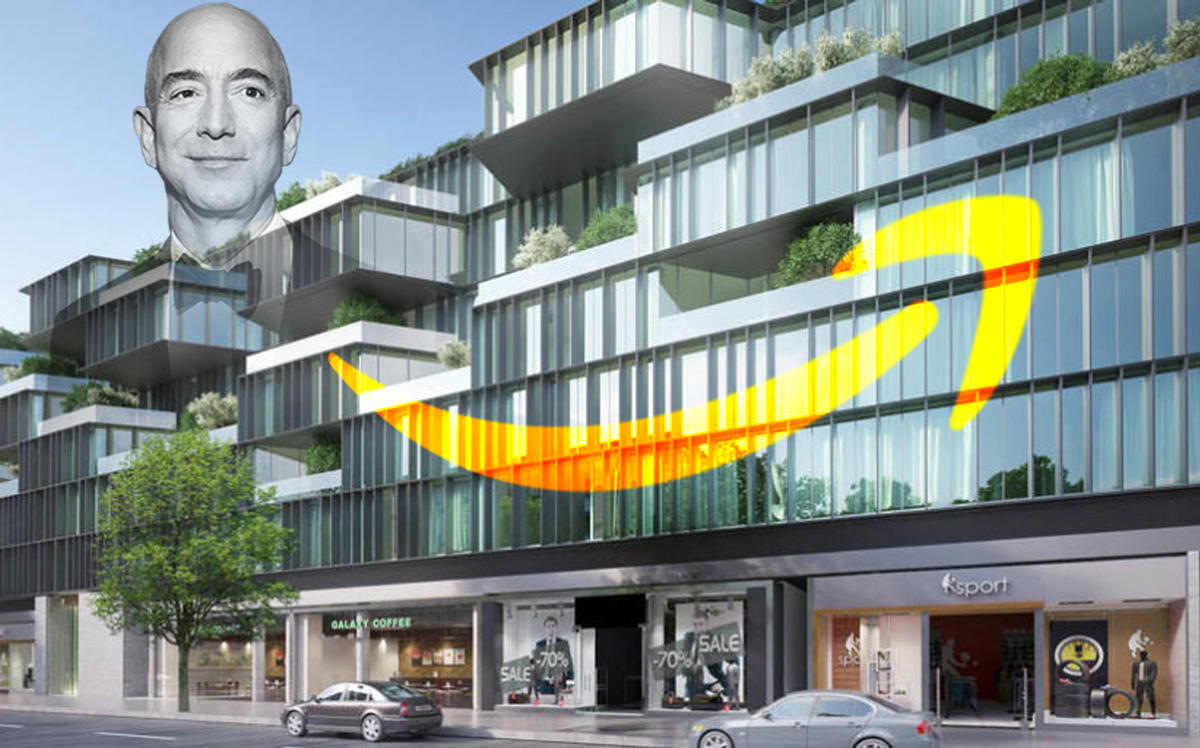 Corte at 47-42 Vernon Boulevard in Long Island City and Jeff Bezos (Credit: Wikipedia, Getty Images, and Corte NYC)