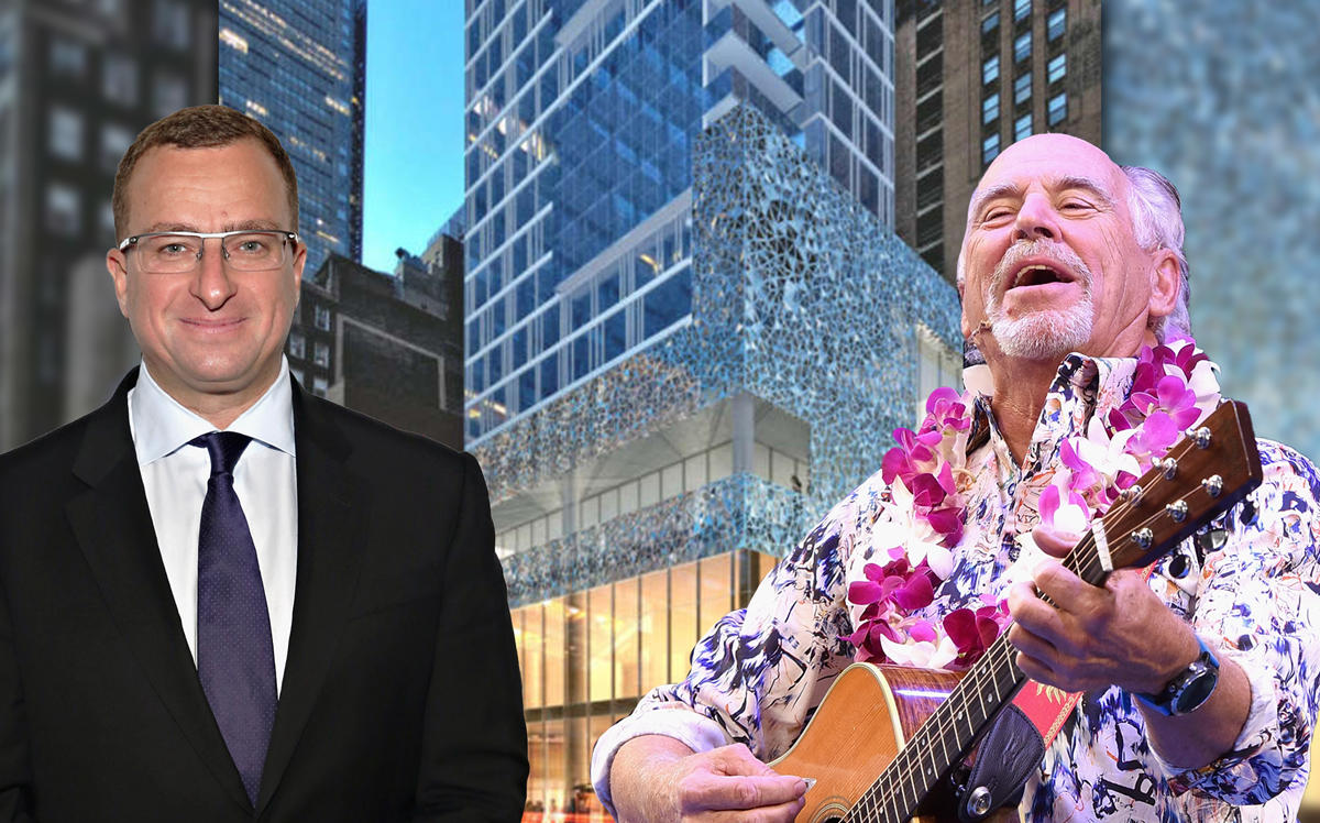 Sharif El-Gamal and Jimmy Buffett with a rendering of Margaritaville at 560 Seventh Avenue (Credit: CityRealty and Getty Images)