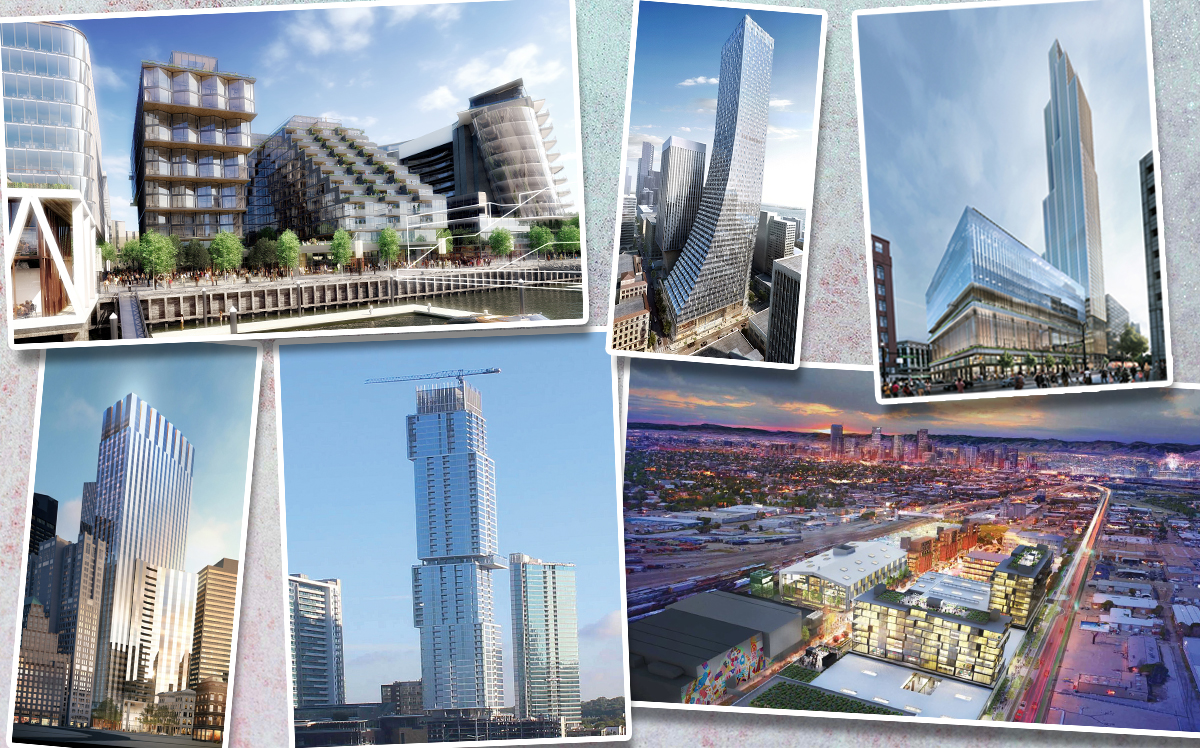 Clockwise from top left: The Wharf Phase 2 in Washington D.C., Rainer Square in Seattle, Hudson's Site  in Detroit, North Wynkoop in Denver, the Independent in Austin, and Winthrop Center in Boston.