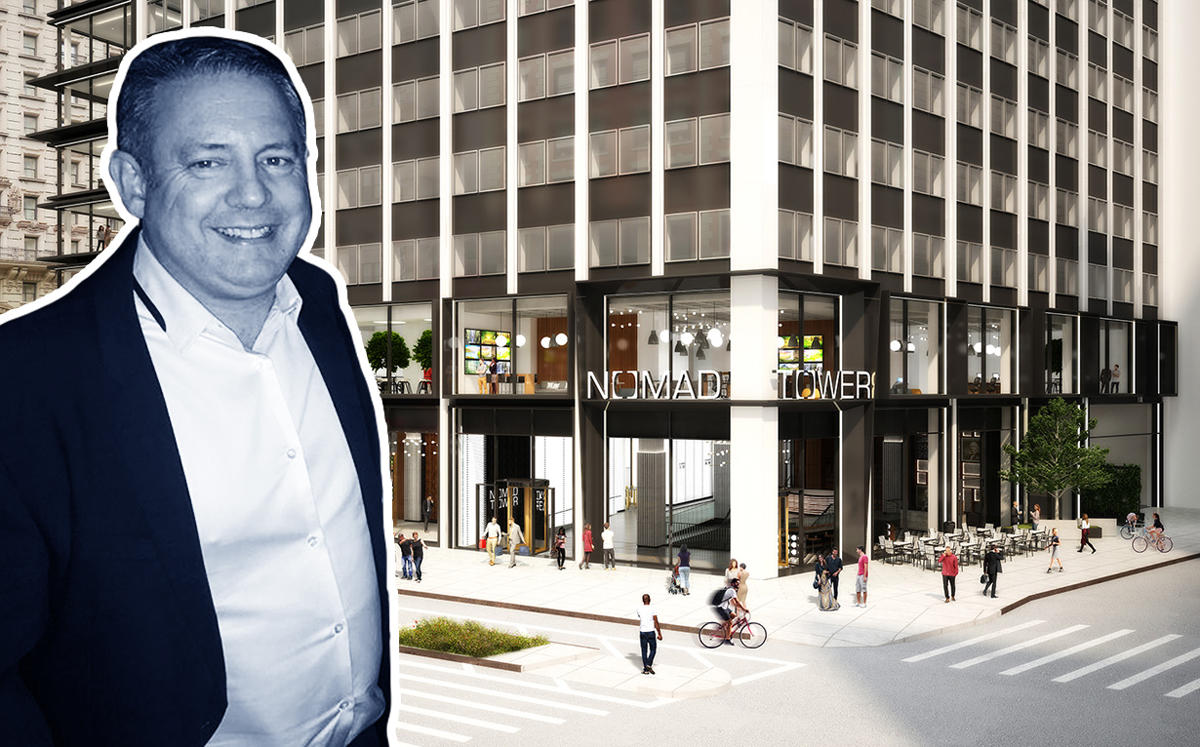 TransPerfect CEO Phil Shawe and NoMad Tower at 1250 Broadway (Credit: Twitter)