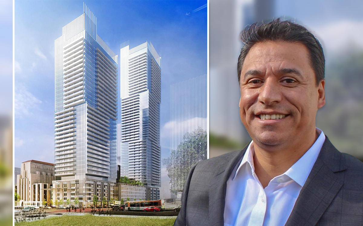 Council member Jose Huizar and a rendering of Onni Group's Times Mirror Square project