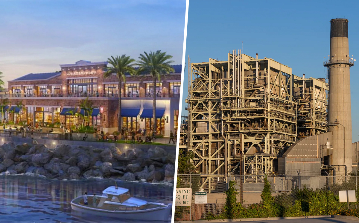 A renderings from the previous waterfront redevelopment plan and the AES power plant in Redondo Beach (Credit: Curbed)
