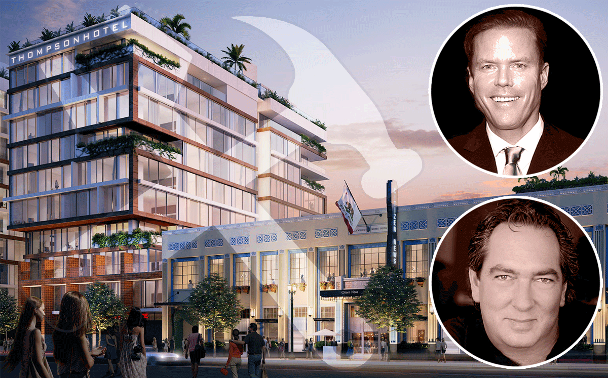 Relevant Group managing partners Grant King and Richard Heyman with a rendering of the Hollywood Citizen-News building