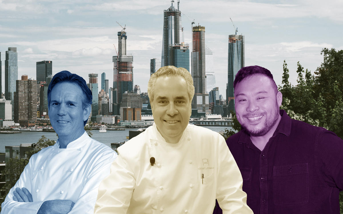 From left: Thomas Keller, Michael Lomonaco, and David Chang with Hudson Yards (Credit: Getty Images)