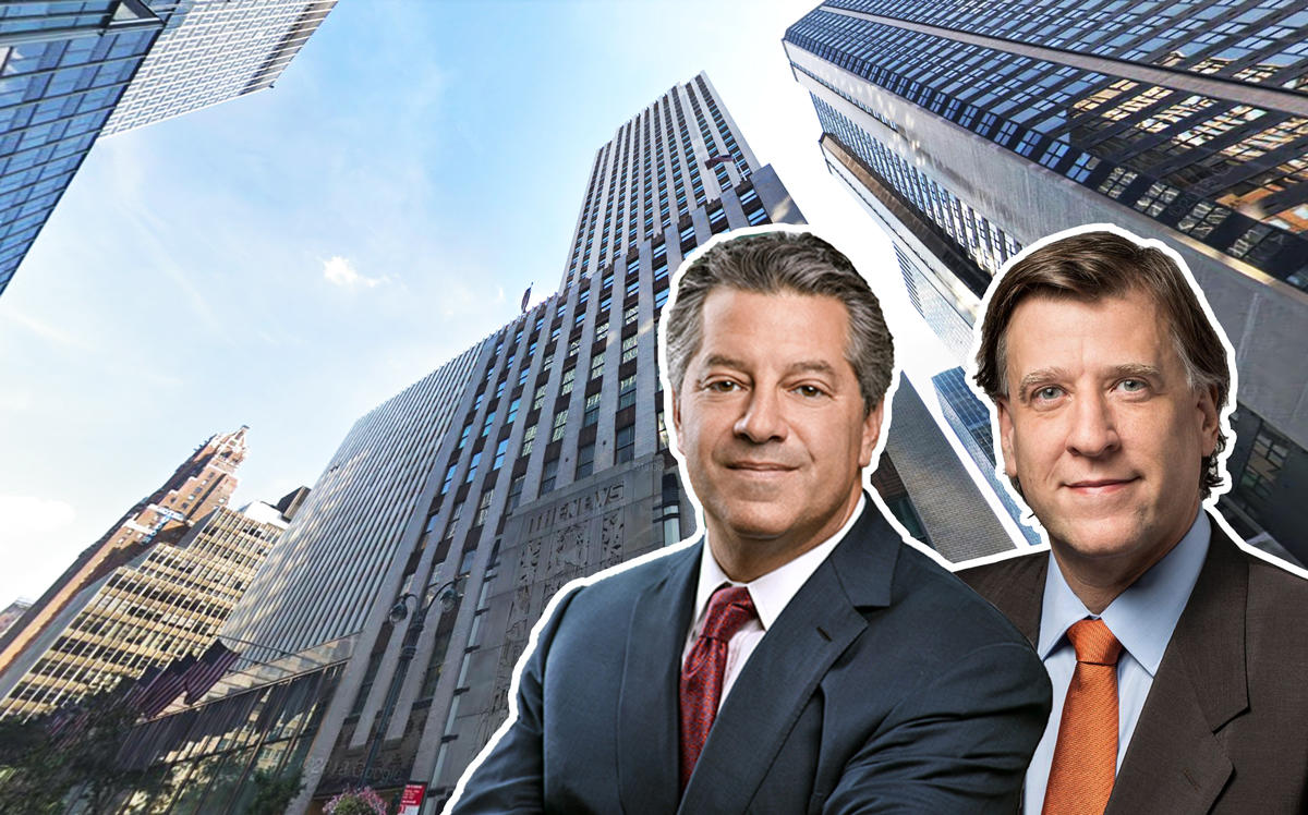 From left: 220 East 42nd Street, SL Green's Marc Holliday, and YAI's George Contos (Credit: Google Maps, SL Green, and Facebook)