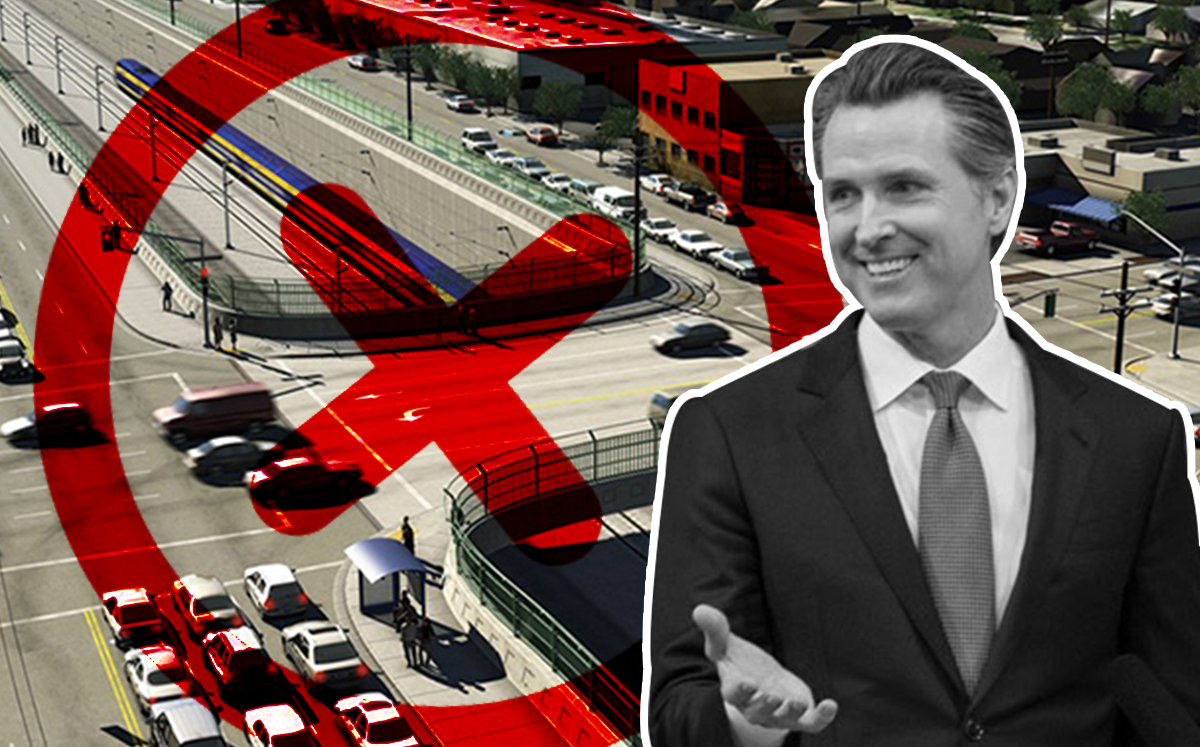 Governor Gavin Newsom and a rendering of the high speed rail in LA