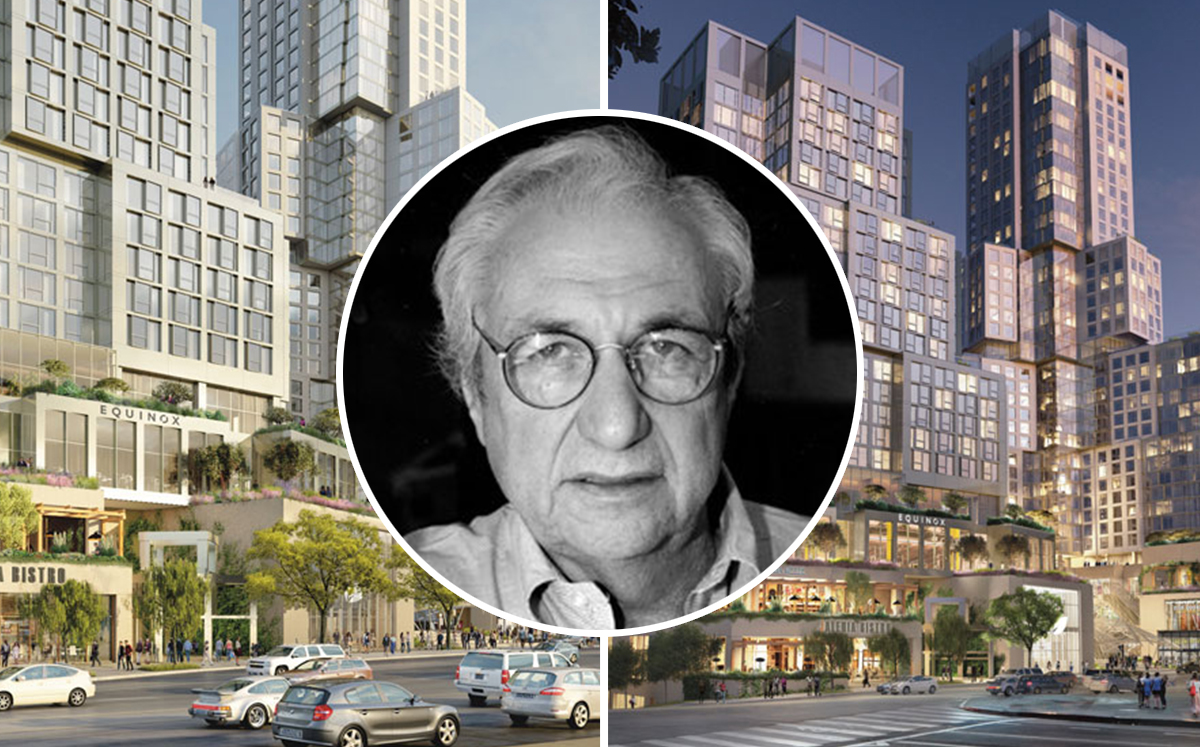 Architect Frank Gehry and renderings of The Grand in Downtown Los Angeles, (Credit: Related Companies)