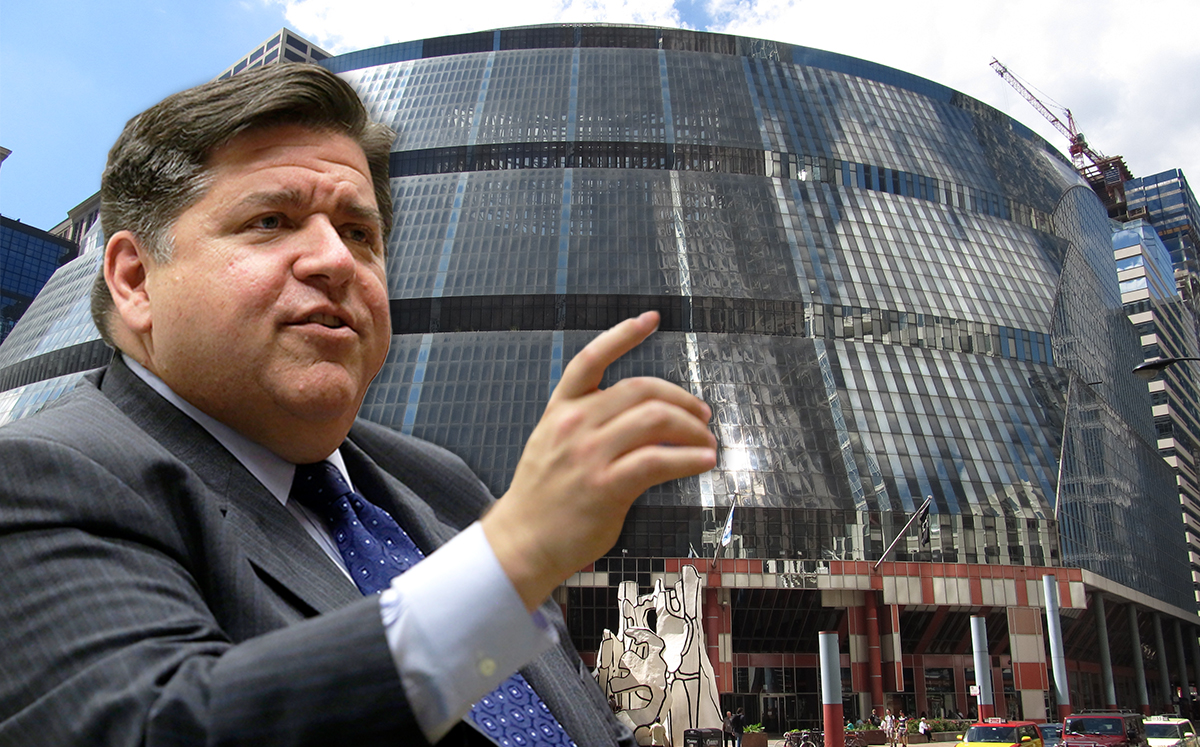 Governor J.B. Pritzker and the Thompson Center (Credit: Getty Images and Wikipedia)