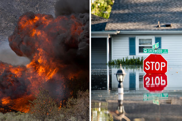 From left: Wildfires in California in August 2018; home after Hurricane Florence (Credit: Getty)
