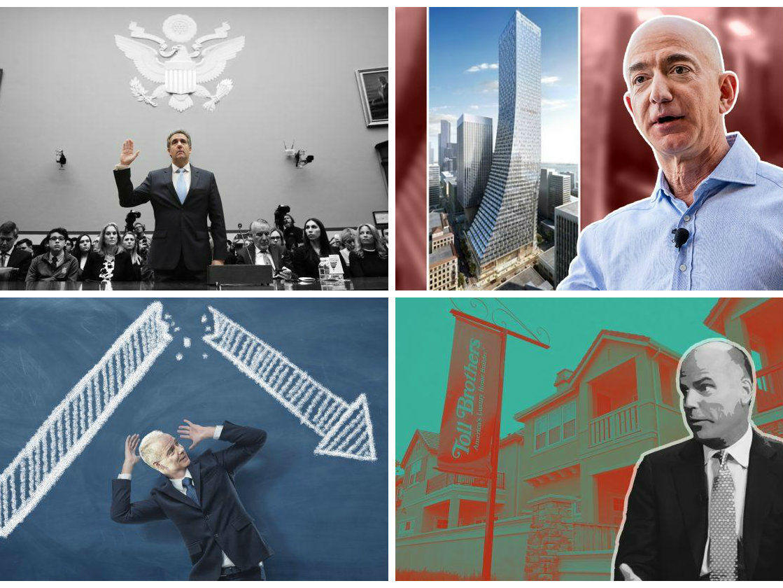<em>Clockwise from top left: Michael Cohen's testimony touches on Trump Organization's real estate endeavors, Amazon drops plans for a 722,000-square-foot lease at Seattle’s new Ranier Square tower, Toll Brothers sees some depressing numbers in the first quarter of 2019 and Realogy Holdings has its worst stock closing price in history after releasing an earnings report.</em>