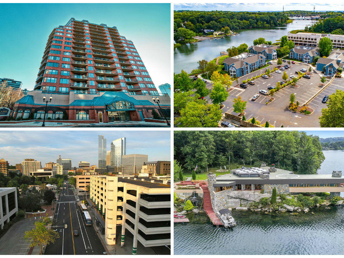 <em>Clockwise from top left: Social services nonprofit moving to a new location in Stamford (courtesy of Avison Young), Arizona-based REIT shells out $18.75M for Westport Center for Health (courtesy of Newmark Knight Frank), a private island in Putnam County with two ‘Frank Lloyd Wright-designed’ homes seeks $12.9M, and a new proposal would keep Westchester property taxes flat for two years. (credit: Steve Carrea).</em>