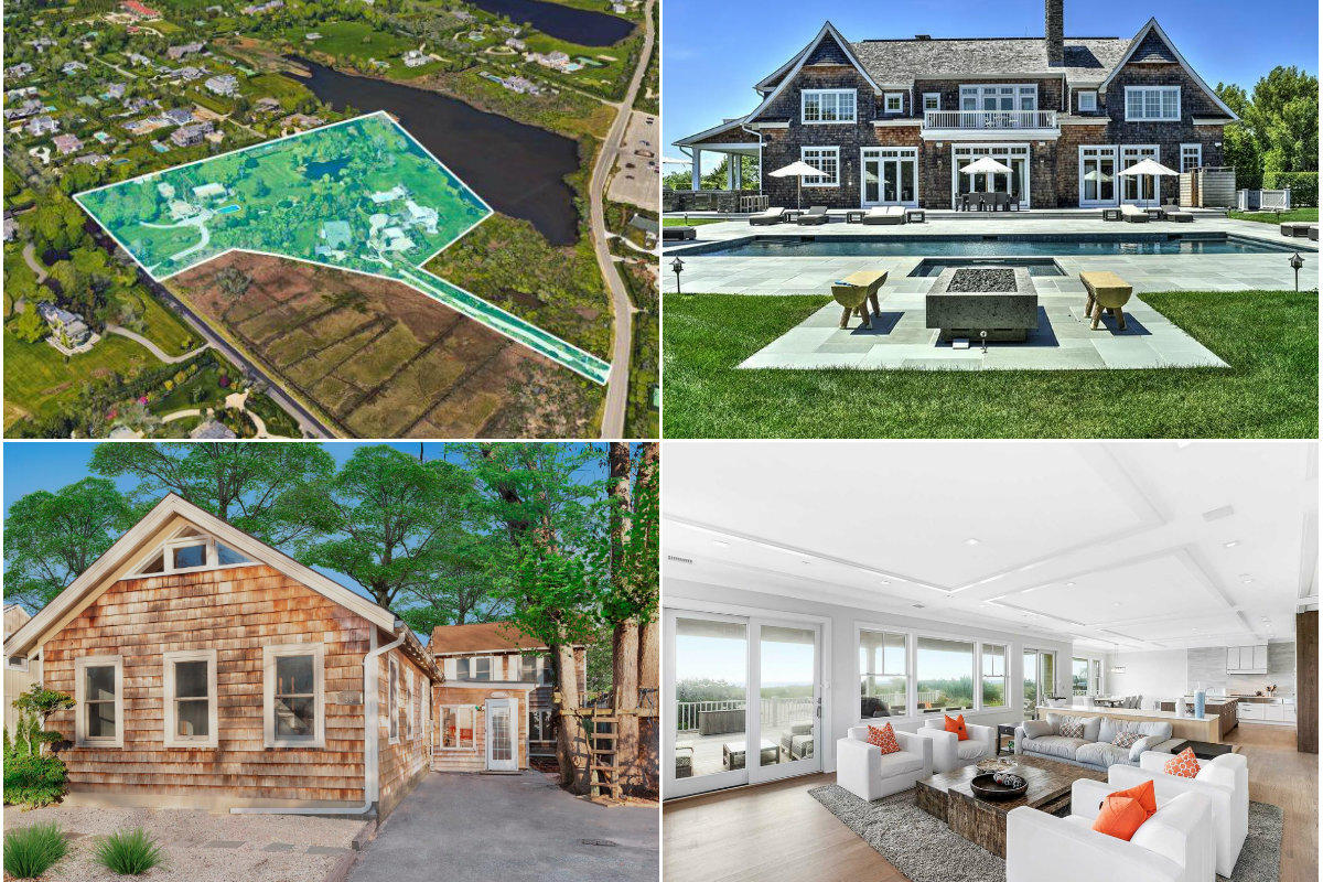 Clockwise from top left: For sale Southampton properties combined into one mammoth $73M listing, a shingled Water Mill mansion lists for $10.5M, sale of Westhampton waterfront home closes above $6.6M ask and nonprofit director Andrea Grover cuts her Sag Harbor home price to a 'bargain' $795K.