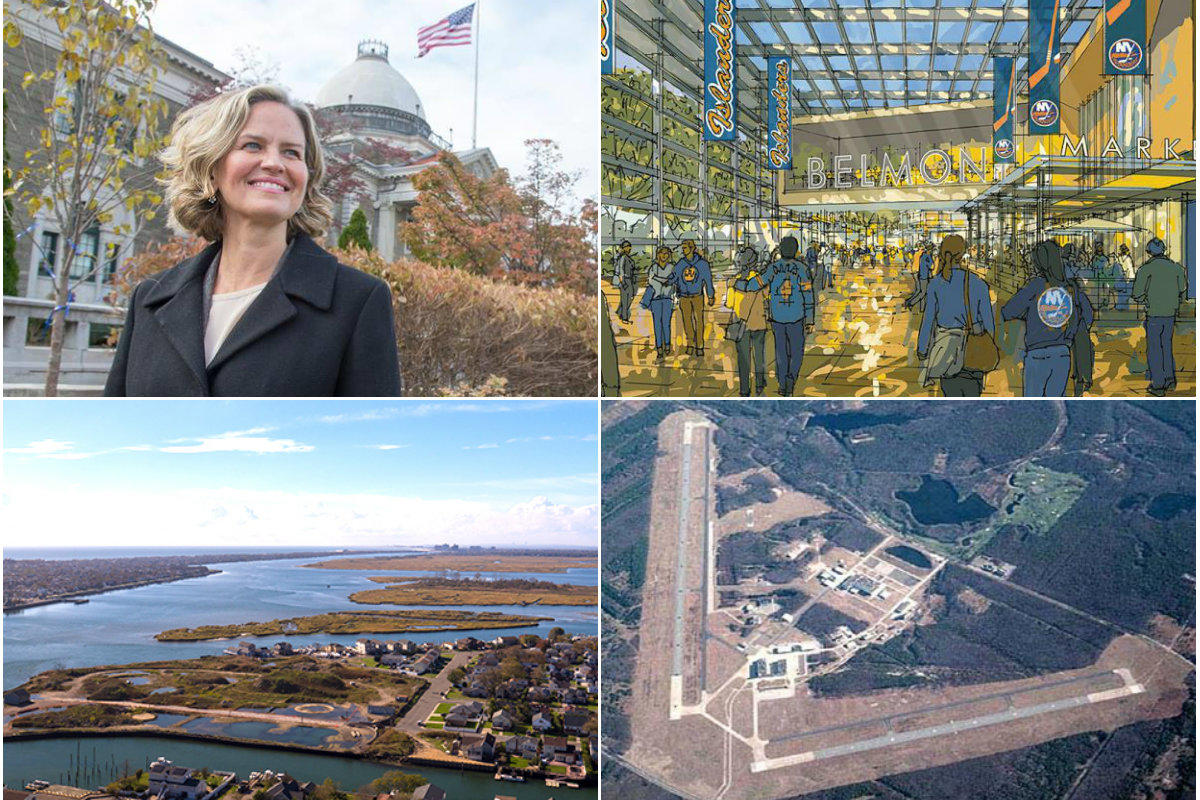 <em>Clockwise from top left: Nassau County Executive Laura Curran talks with </em>TRD<em> about property tax assessments and Airbnb, an environmental review delays the $1.18B Belmont Park arena project, Riverhead extends the closing deadline for the $40 million sale of the Enterprise Park at Calverton and Hempstead's IDA gives incentives to an Island Park apartment project.</em>