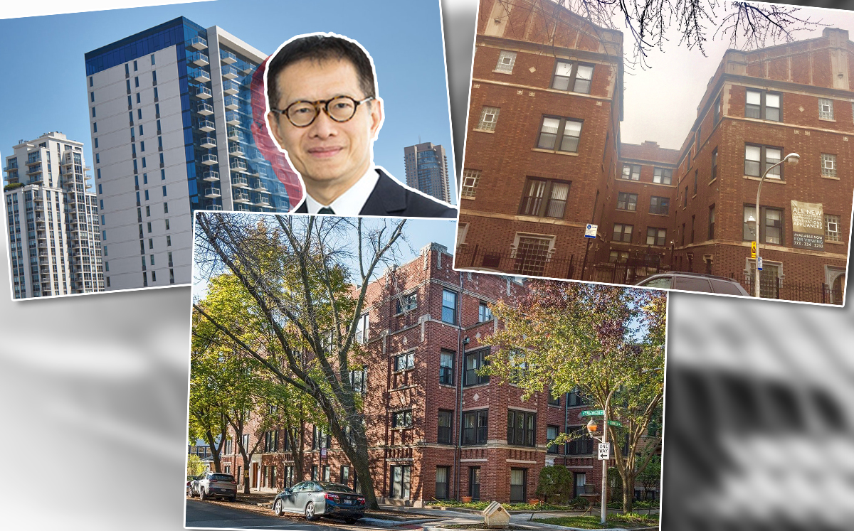 From top left clockwise: Edmund Cheng, Chairman of Mapletree and a rendering of Jones Chicago, 1301 West Cornelia Avenue, and 820 West Cuyler Avenue (Credit: LoopNet)
