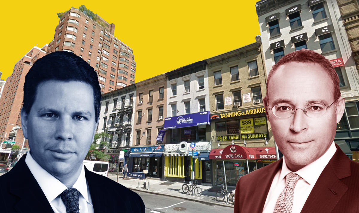 Muss Development principal Jason Muss and Naftali Group founder Miki Naftali with the buildings at 1461-1469 Third Avenue (Credit: Google Maps)