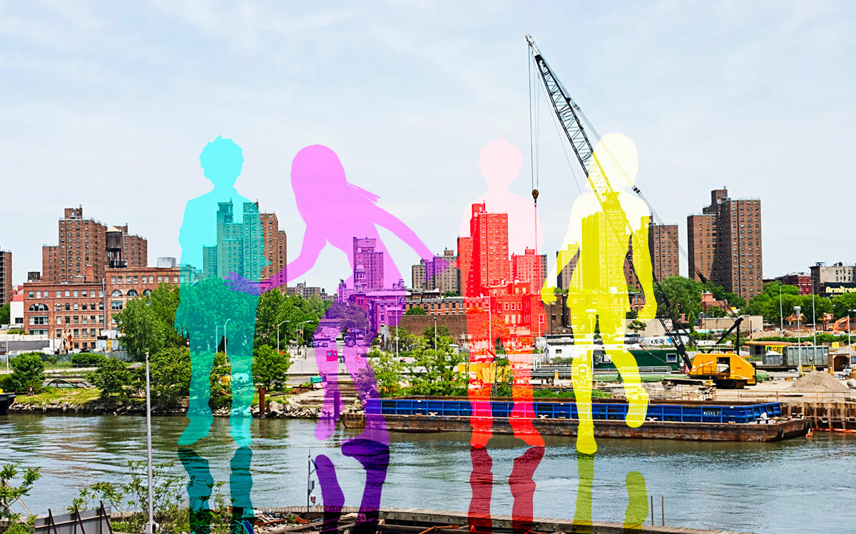 The South Bronx Waterfront overlayed by teens (Credit: Curbed NY, SVG Silh, and Pixabay)