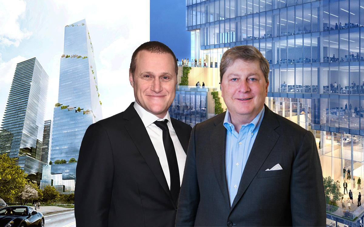 From left: renderings of From left: The Spiral at 66 Hudson Boulevard, Tishman Speyer CEO Rob Speyer, and AllianceBernstein CEO Seth Bernstein (Credit: Getty Images)