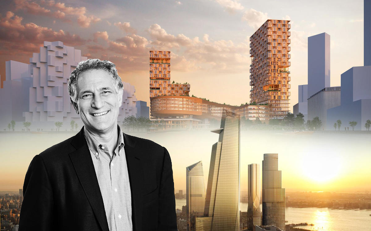 Sidewalk Labs CEO Dan Doctoroff with a rendering of Alphabet's project in Toronto (top) and Hudson Yards (bottom). (Credit: Sidewalk Labs and Twitter)