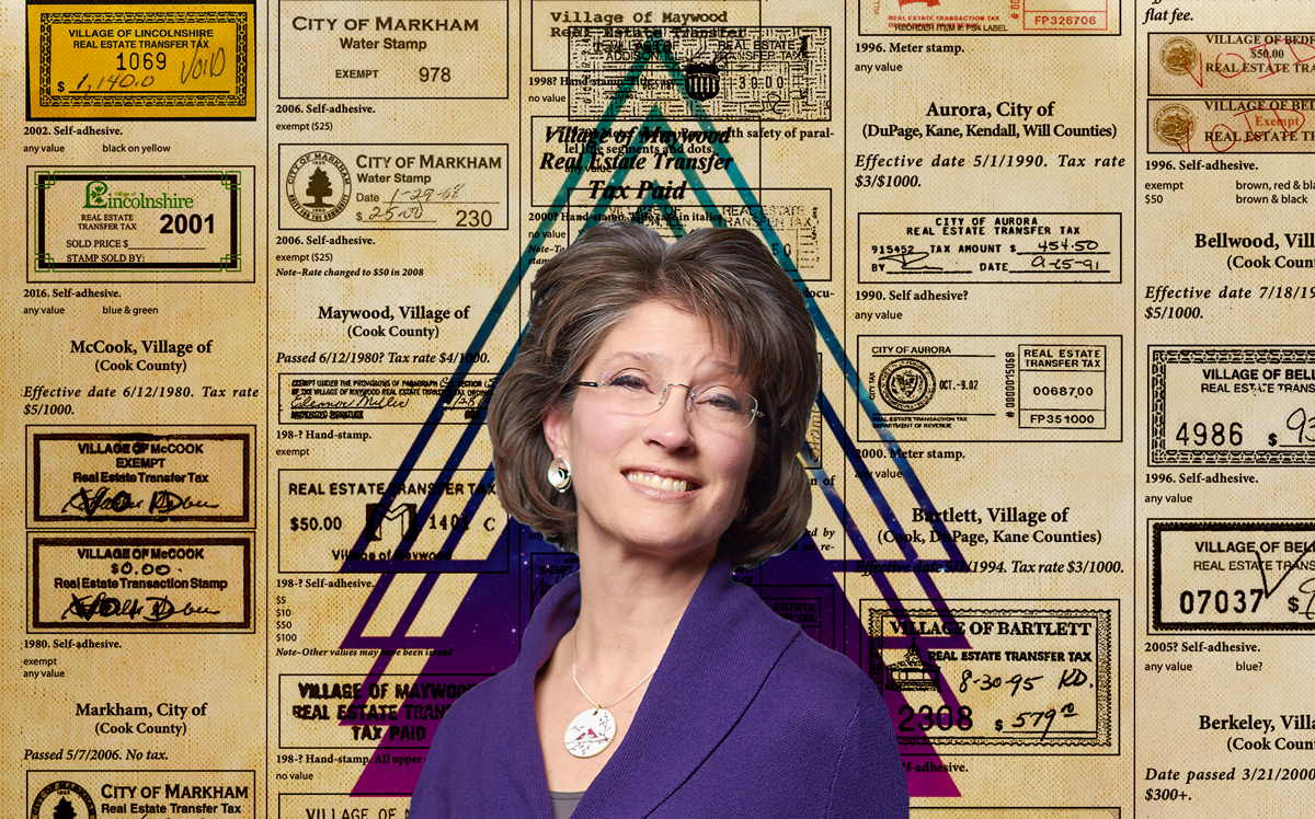 Metropolitan Planning Council president MarySue Barrett with property transfer tax stamps (Credit: Metropolitan Planning Council and Pixabay)