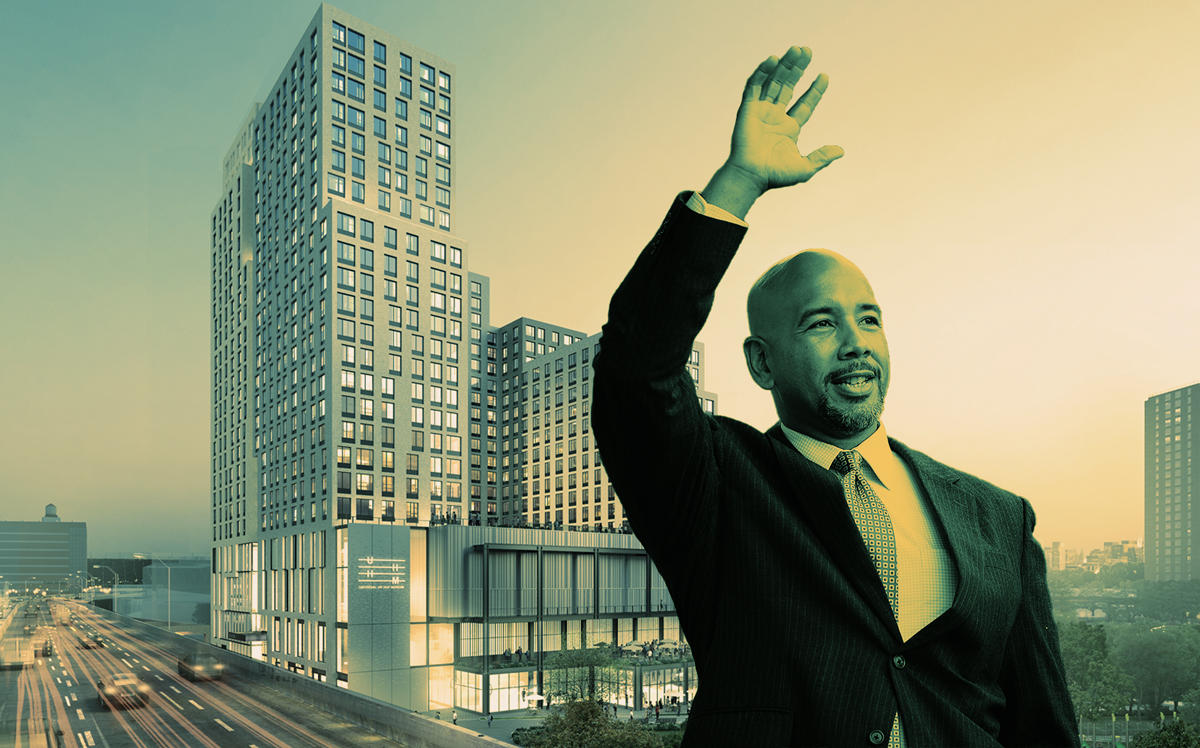 Bronx Borough President Ruben Diaz Jr and a rendering of Bronx Point (Credit: Getty Images and Type A Projects)