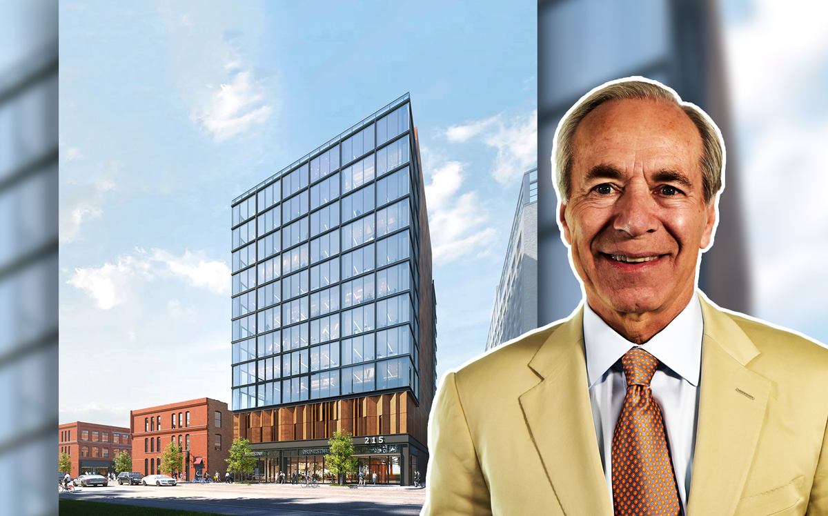 A rendering of 215 North Peoria and CBRE Chicago chairman Robert Wislow (Credit: Shapack Partners)