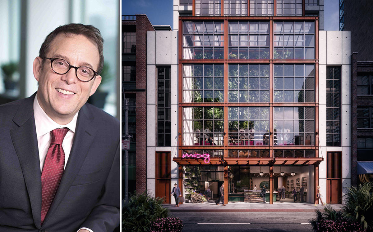 Lightstone Group CEO David Lichtenstein and Moxy Chelsea at 105 W 28th Street (Credit: Lightstone and Facebook)