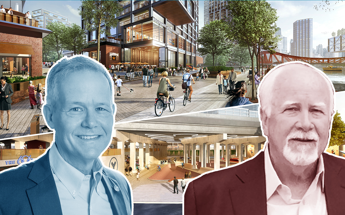 James Cappleman (left) and Pat O'Connor with renderings of Lincoln Yards (Credit: Facebook and Lincoln Yards)