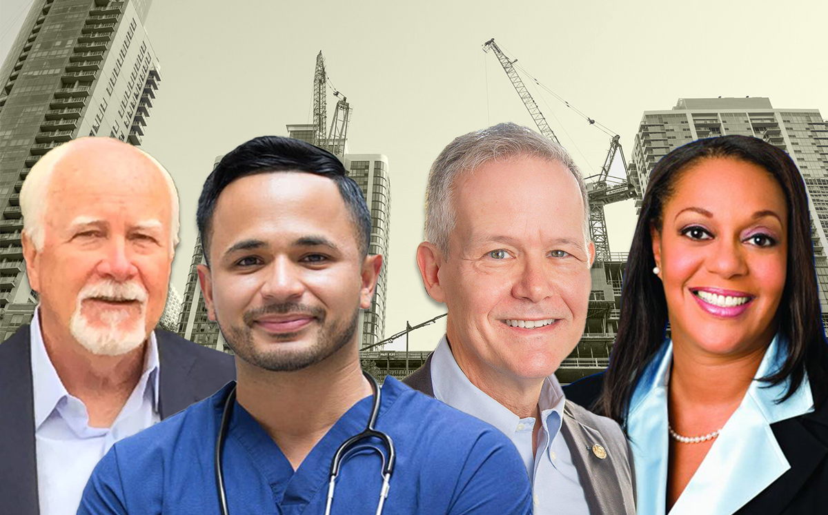 From left: Alderman Pat O’Connor (40th), Alex Acevedo, Alderman James Cappleman (46th), and Alderman Leslie Hairston (5th) with a photo of downtown Chicago construction (Credit: Facebook and iStock)