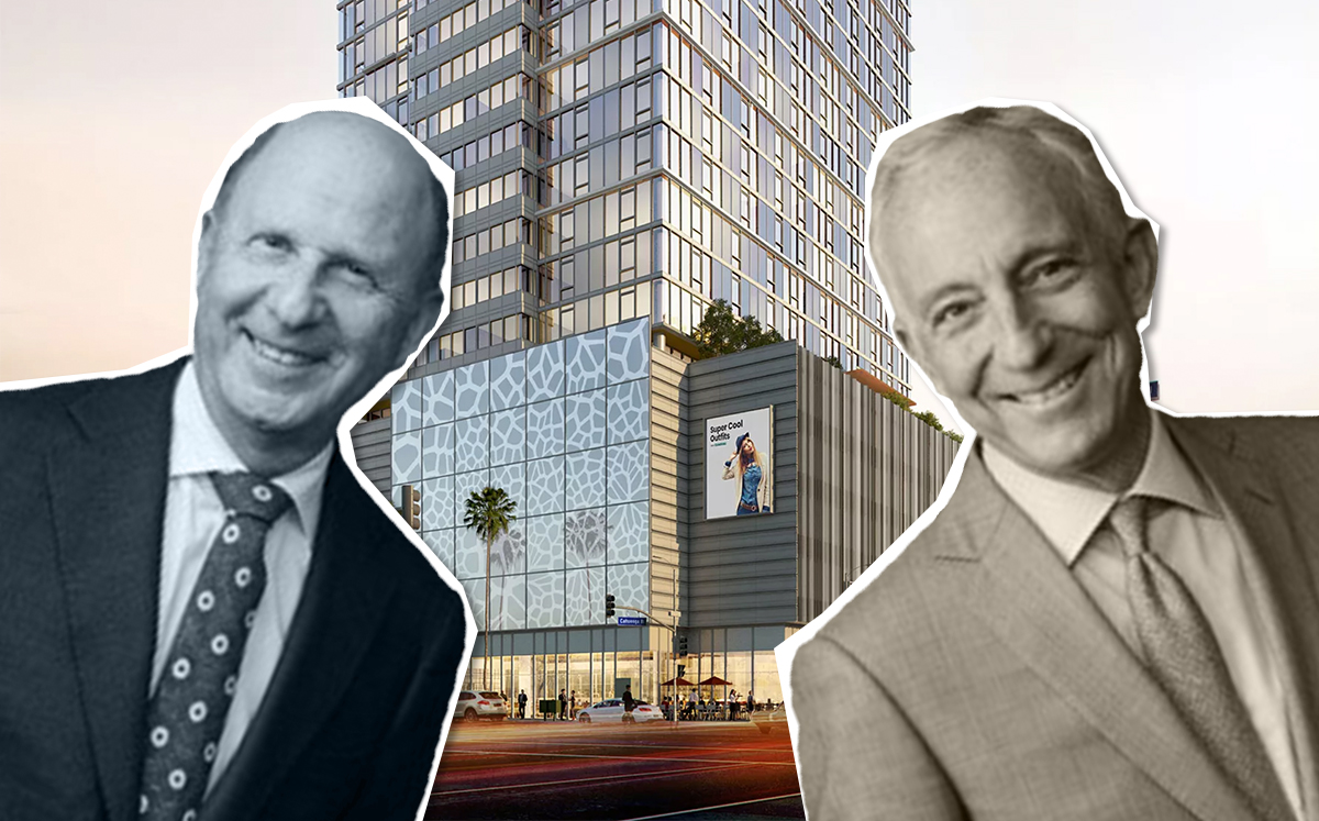 GPI companies founders Cliff Goldstein and Drew Planting, with a rendering of the project (Credit: GPI Companies via Curbed)
