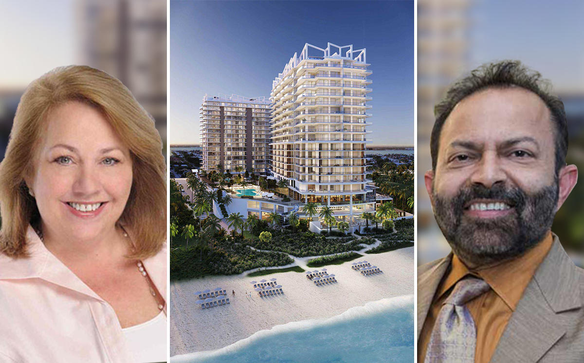 Beth Butler and Dilip Barot with a rendering of Amrit Ocean Resort &amp; Residences