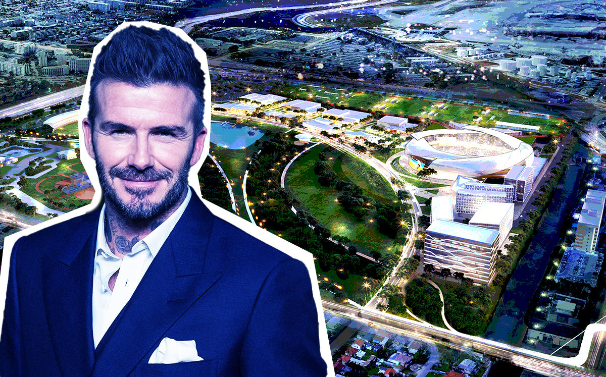 Rendering of the stadium and David Beckham (Credit: Getty Images)