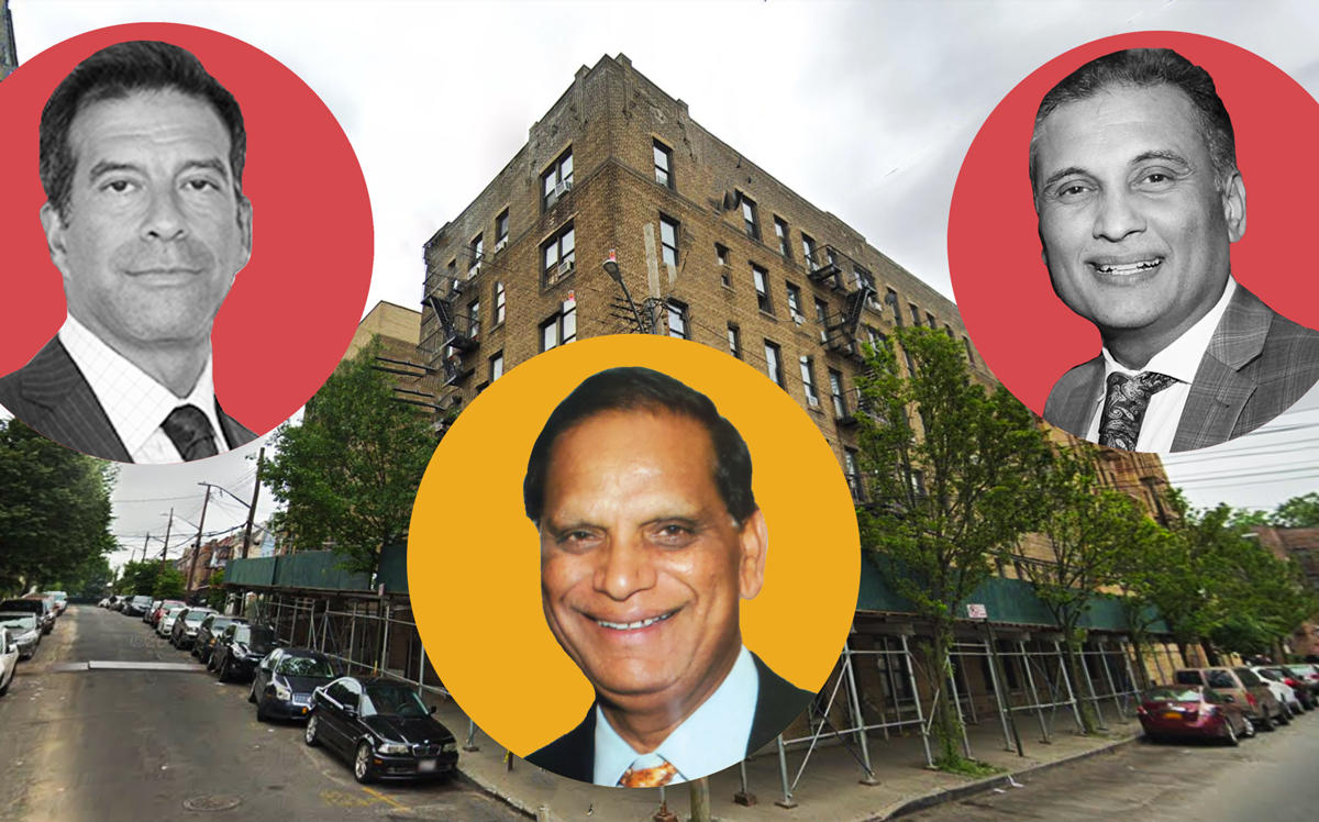 From left: Michael Besen, Ram Gupta, and Amit Doshi with 624 East 220th Street (Credit: Google Maps and Getty Images)