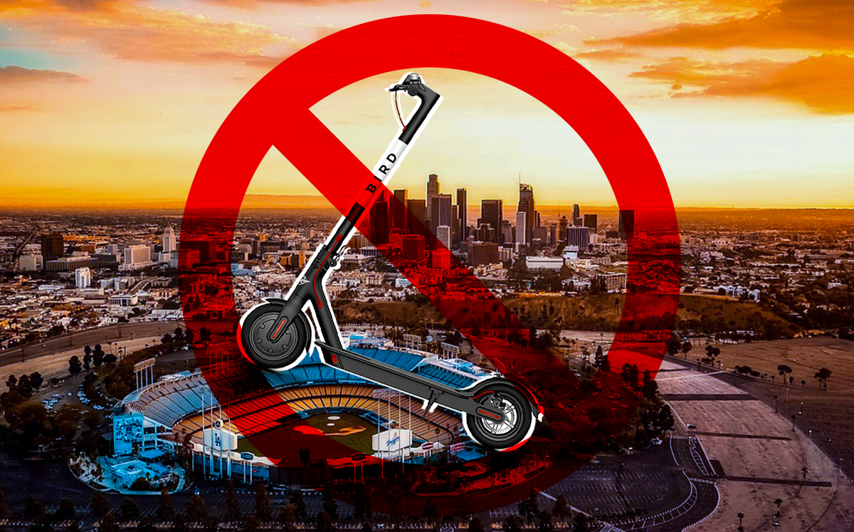 An electric scooter and Los Angeles skyline (Credit: Wikimedia Commons and Pixabay)