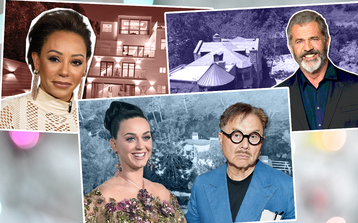 From top left clockwise: Mel B and her Hollywood Hills home, Mel Gibson and his Carbon Mesa Road home, and 7310 Mulholland Drive, with Michael Chow and Katy Perry. (Credit: Getty Images) 