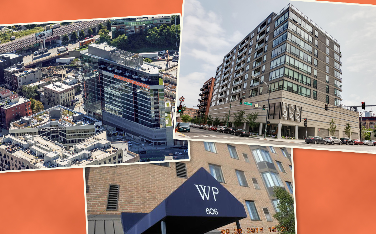 From top left clockwise: Kenect, 504 North Green Street, Circa 922, 922 West Washington Boulevard, and 606 East Woodland Park Avenue (Credit: YoChicago and Redfin)