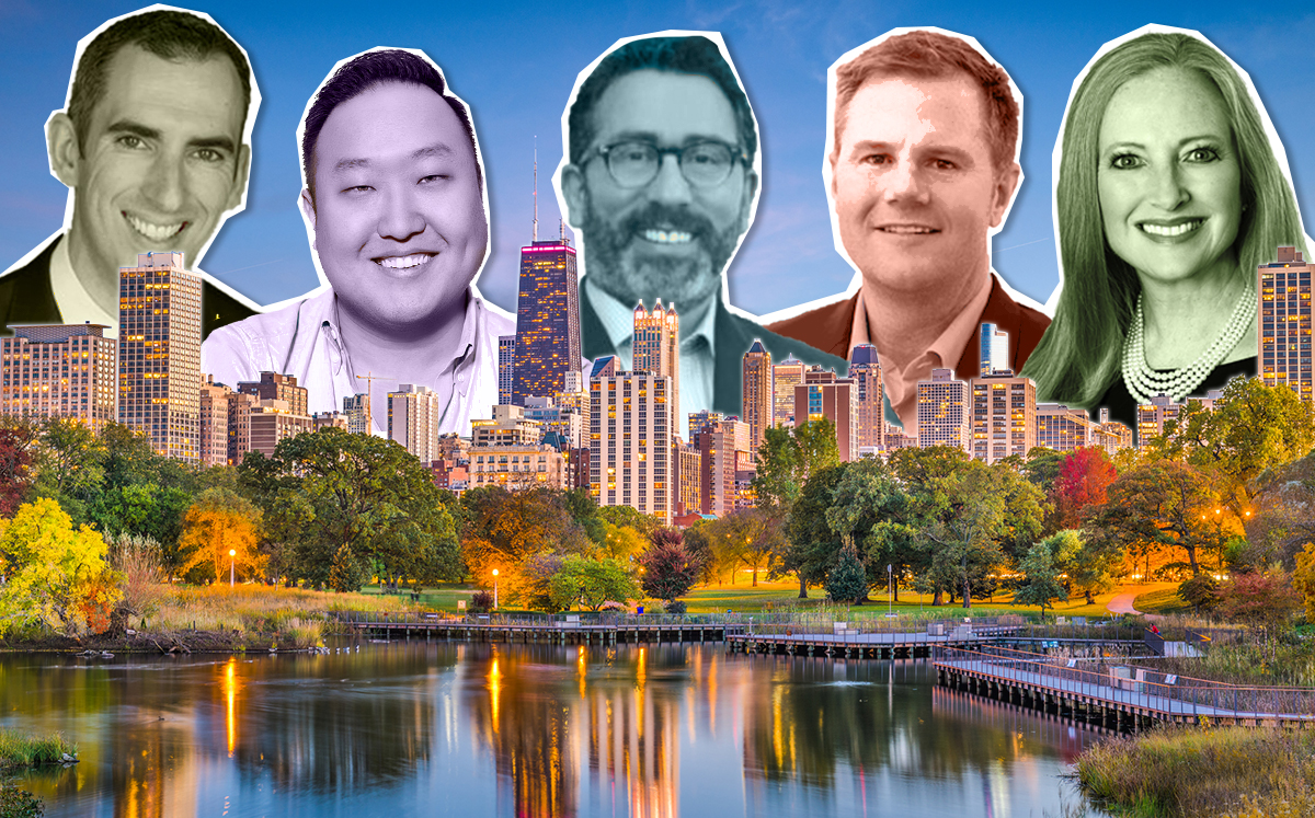 From left: Leigh Marcus, Tommy Choi, Mario Greco, Jeff Lowe, and Jennifer Ames, with the skyline over Lincoln Park (Credit: iStock)