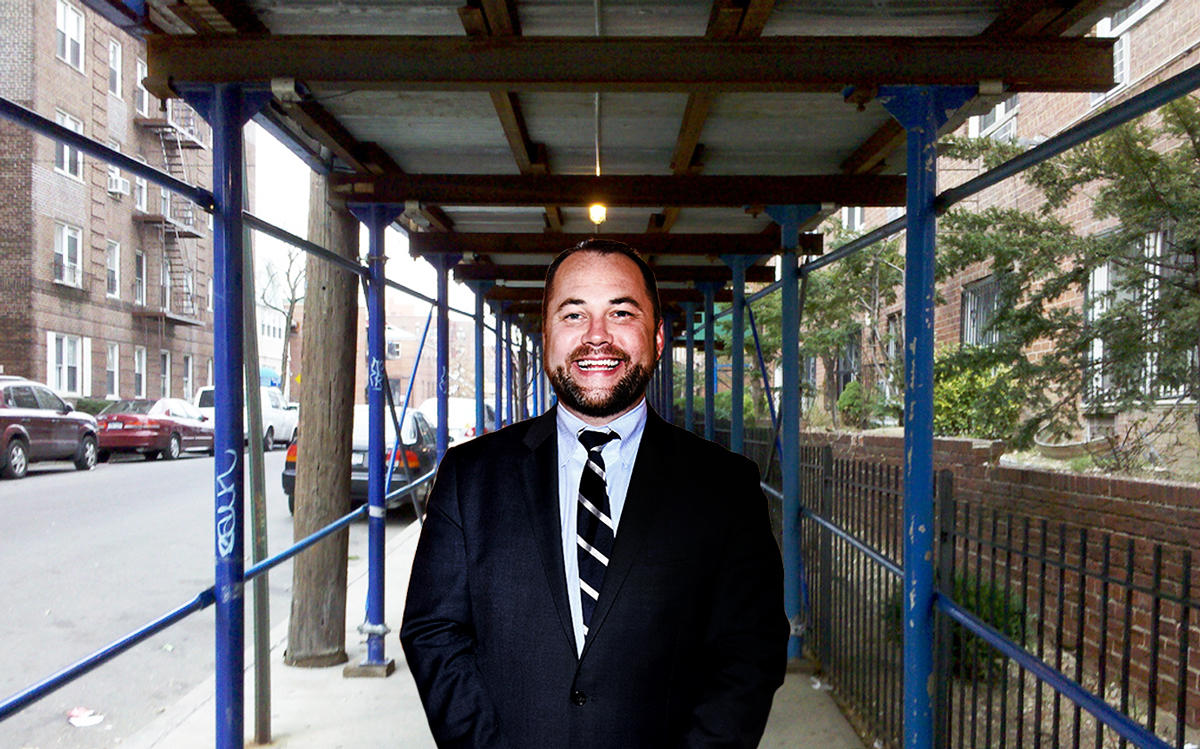 City Council Speaker Corey Johnson under a sidewalk shed (Credit: I'm Just Walkin' and Getty Images)