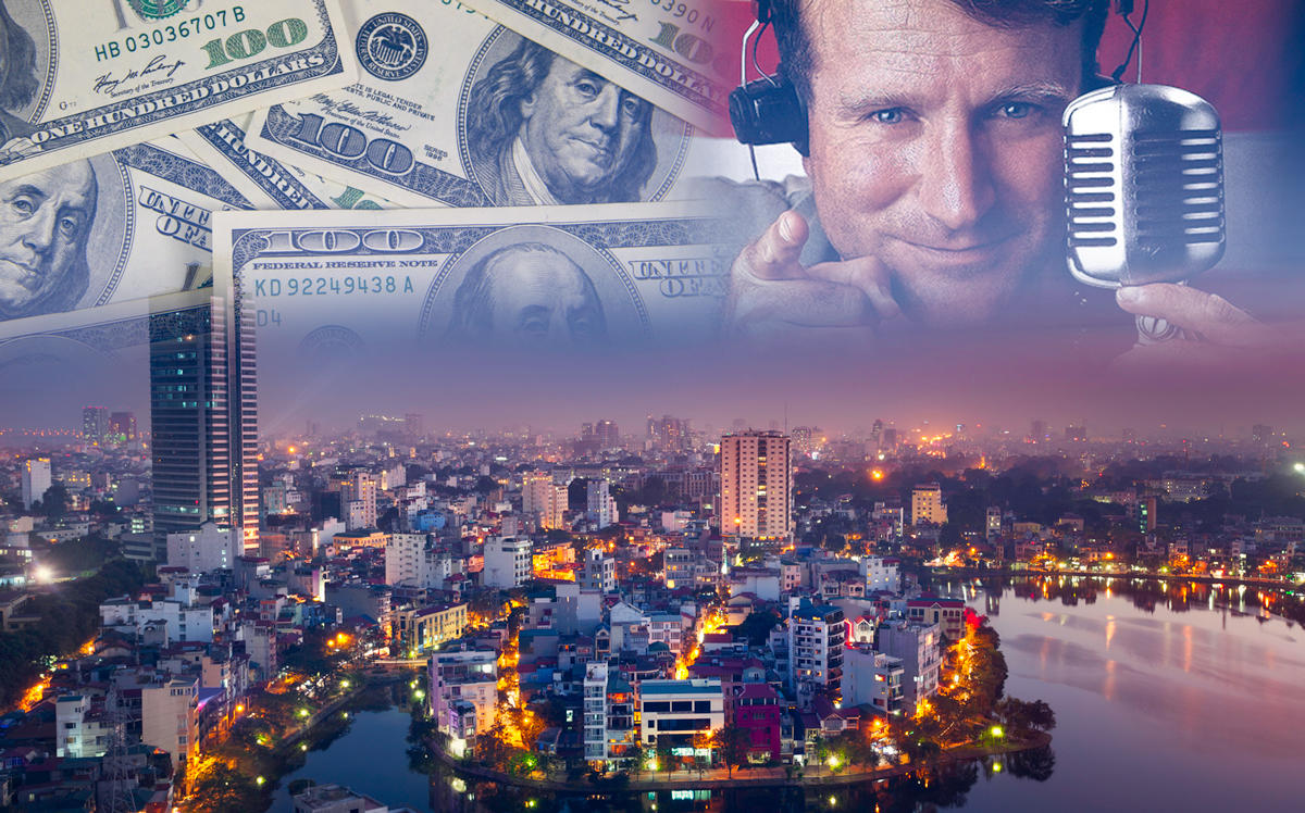 Hanoi, Vietnam with money and a photo from the movie Good Morning, Vietnam (Credit: iStock and BagoGames via Flickr)