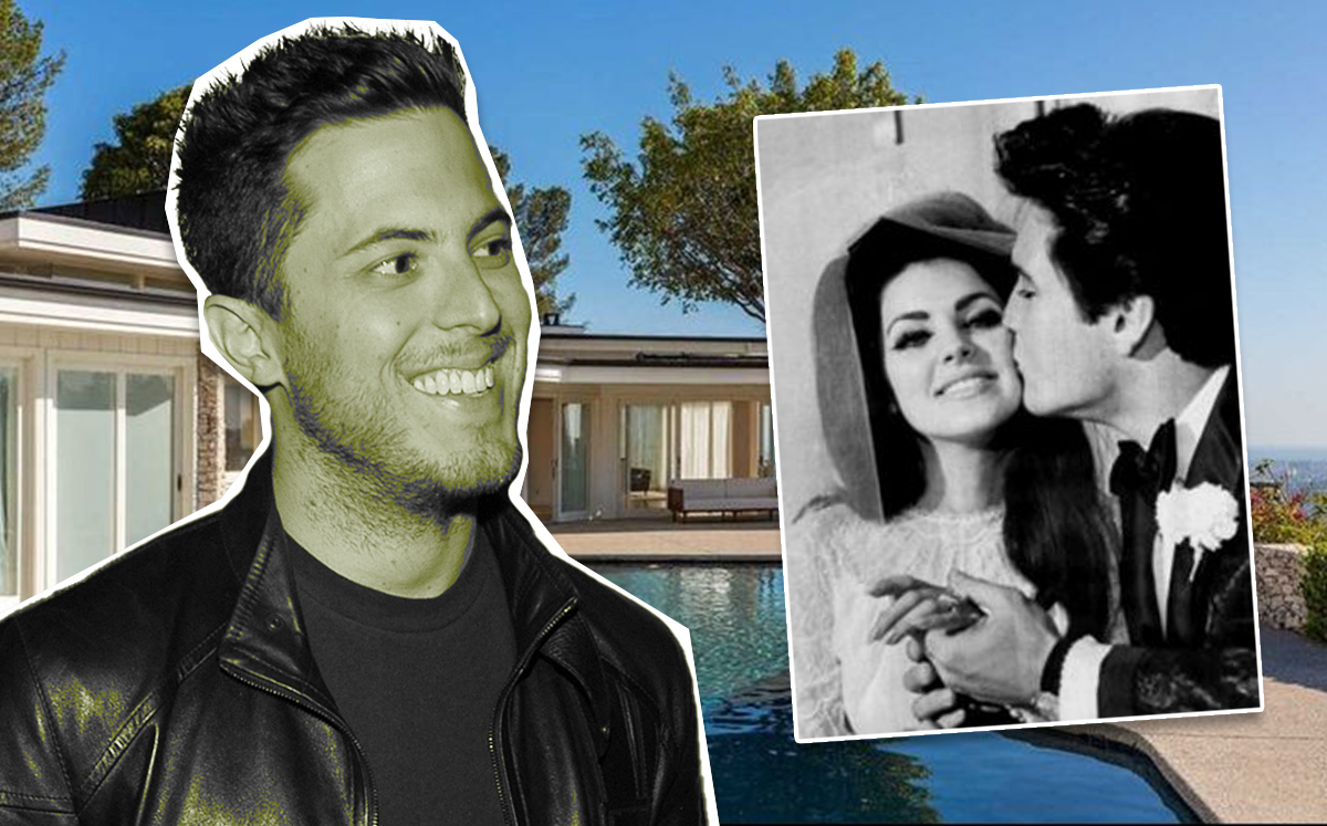 From left: Harry Morton and Elvis and Priscilla Presley with the Trousdale Estates home (Credit: Getty Images, Wikipedia, and Realtor)