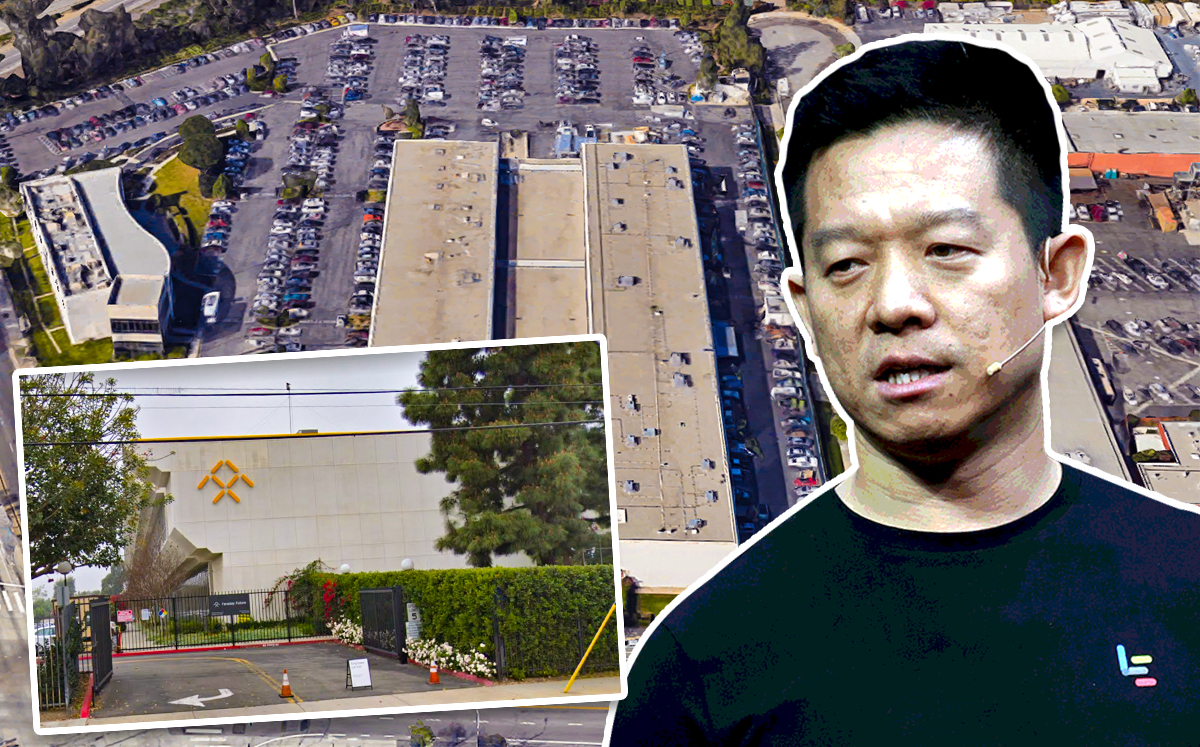 Jia Yueting, CEO of Faraday Future, and the company's headquarters. (Credit: Getty Images and Google Maps)