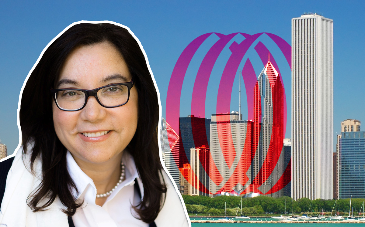 JLL CFO Stephanie Plaines and their headquarters at the Aon Center (Credit: JLL, iStock, and Wikipedia)