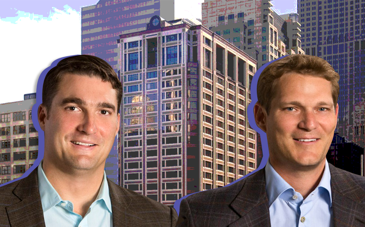 Kinship Capital principals Ethan Meers and Nick Thomson with a rendering of 225 W. Washington