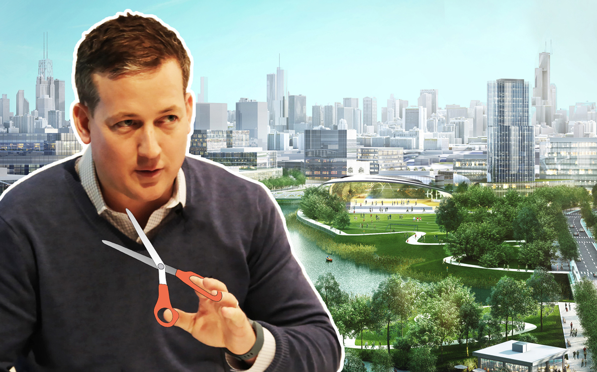 Sterling Bay's Andy Gloor holding scissors with a rendering of Lincoln Yards (Credit: Sterling Bay, Pixabay, and Chicago Architecture)