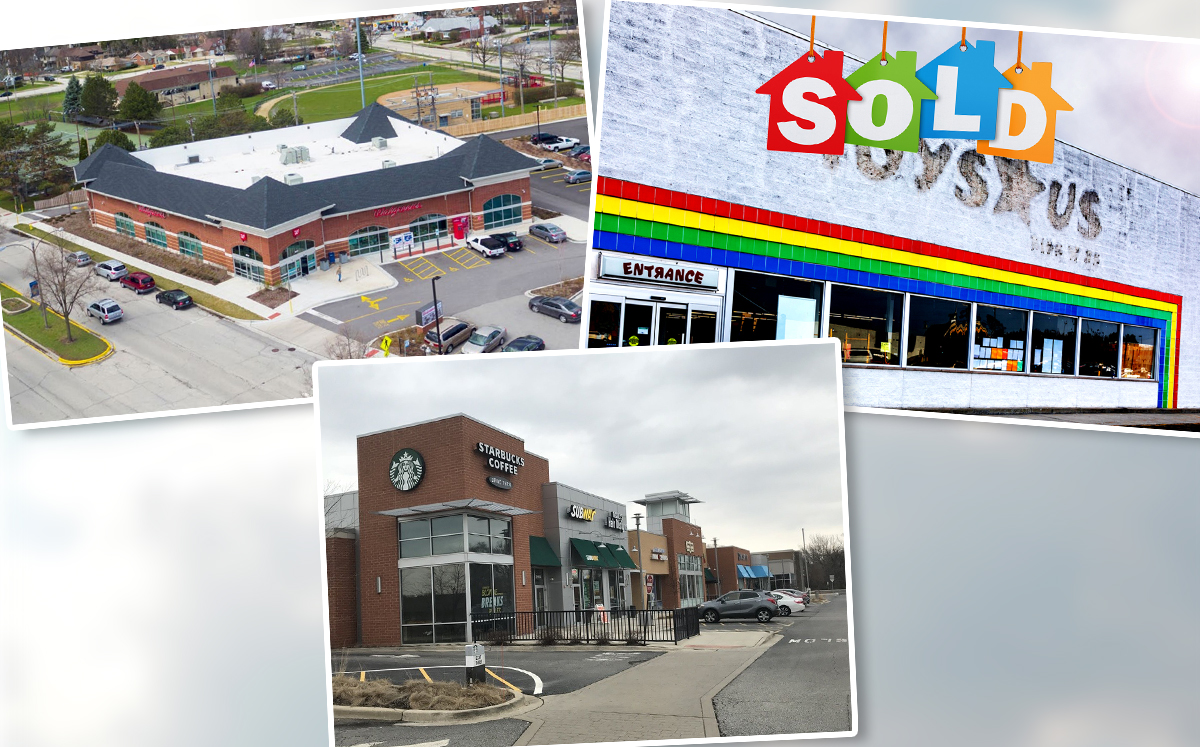 From top left clockwise: Walgreens at 800 Devon Avenue, Park Ridge, An empty Toys “R” Us store, and 2920-3020 West Euclid Avenue (Credit: LoopNet and iStock)