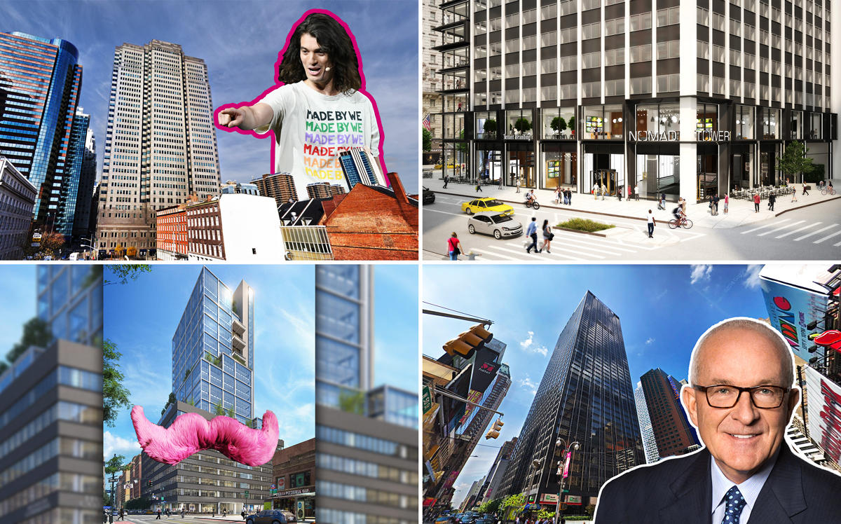 Clockwise from left: 199 Water Street and Adam Neumann, NoMad Tower at 1250 Broadway, 1633 Broadway and Albert Behler, and a rendering of 441 Ninth Avenue with the Lyft mustache