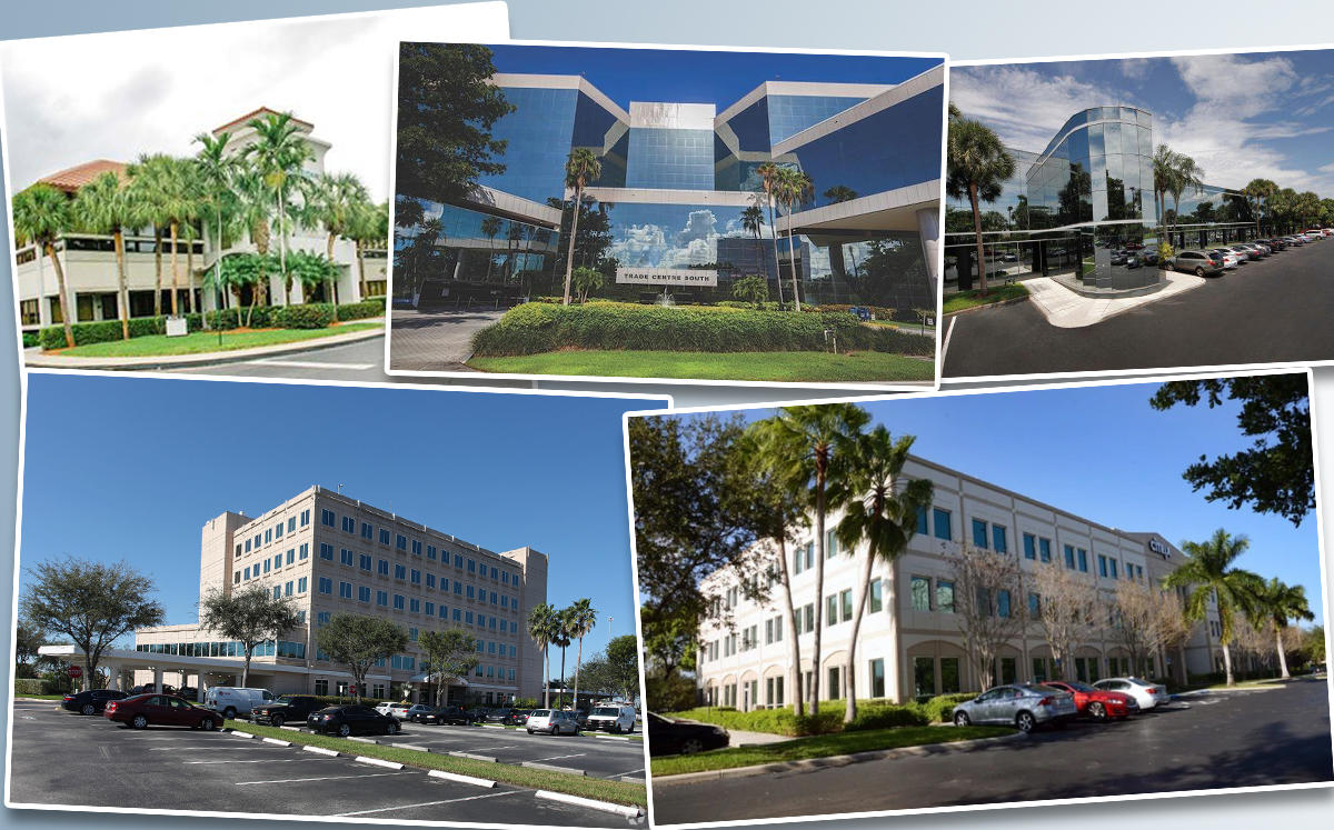 From top left, clockwise: Sawgrass Technology Park, Trade Centre South in Fort Lauderdale, Trade Centre South in Fort Lauderdale, 1801 Northwest 49th Street, and 3700 Lakeside Drive